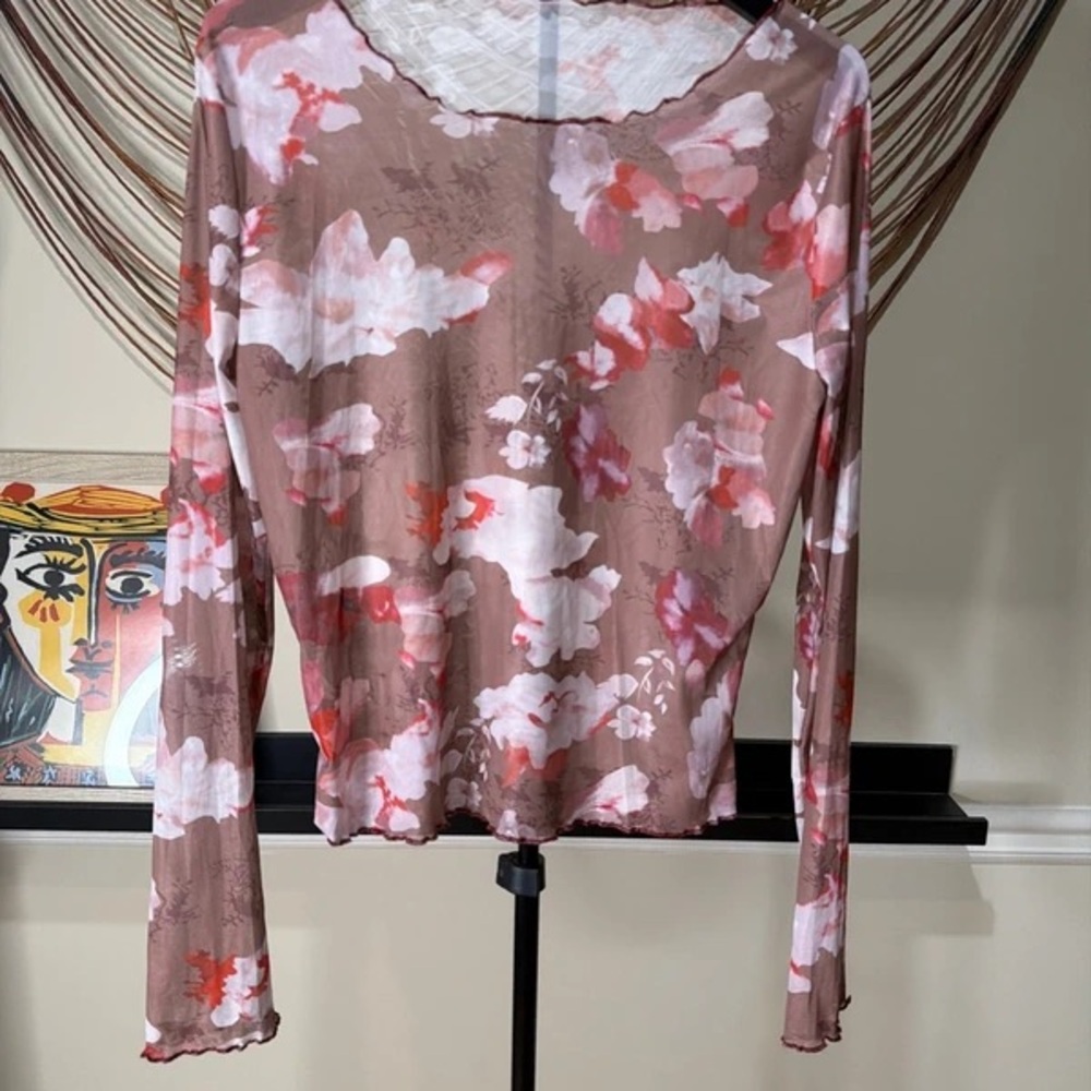 Sheer Floral Long-Sleeve Top in Brown and Pink